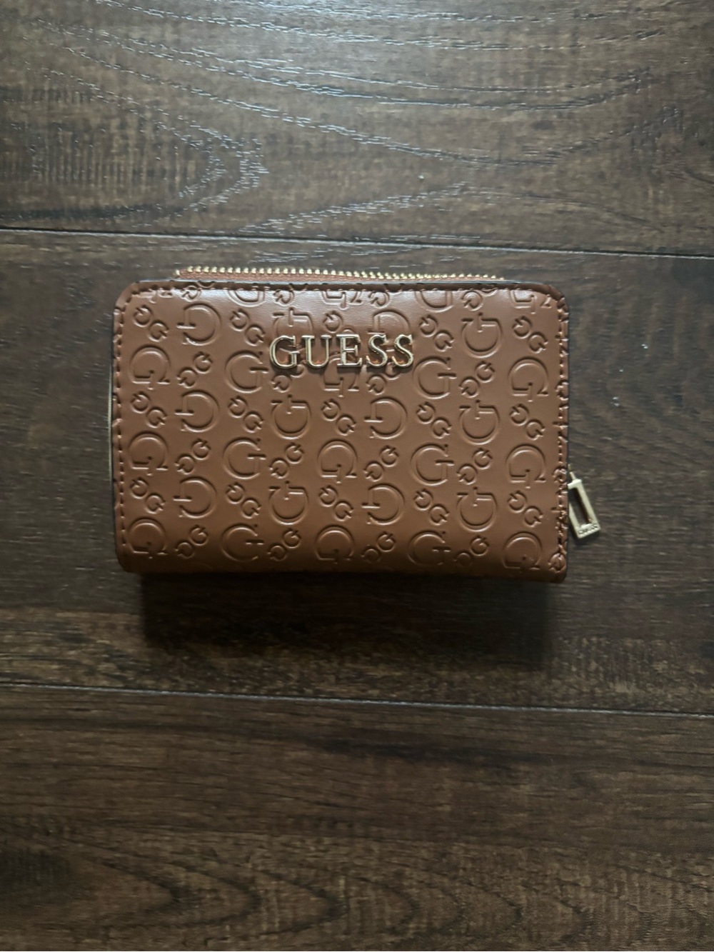 Guess Brown Embossed Logo Zip-Around Card Wallet with Gold Accent